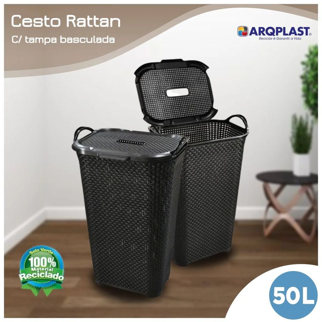 Cesto Rattan Tampa Basculada Com Alça 50 Litros Arqplast