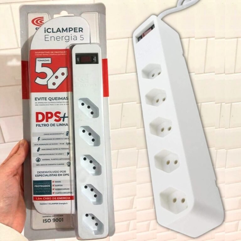 iClamper Energia 5 Tomadas – Filtro de Linha + DPS – Branco, Cabo 1M