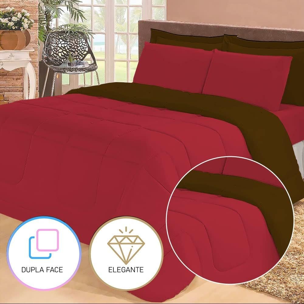 Jogo de cama Casal com edredom lençol fronha função cobre leito e cobertor (Vermelho e Marrom).