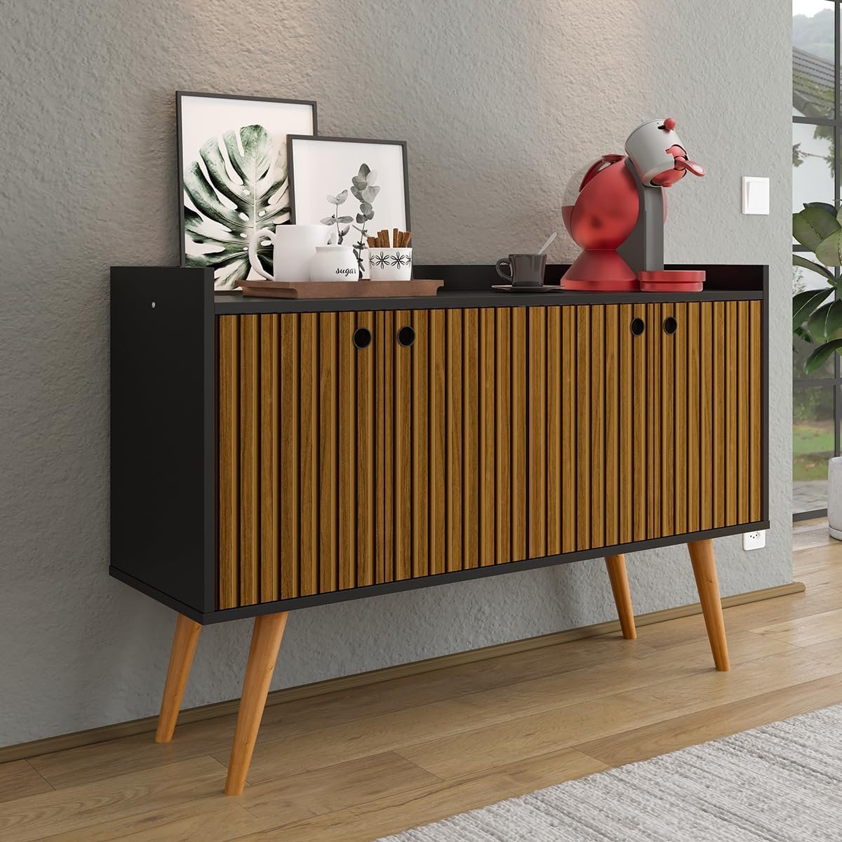 Aparador Buffet Dallas Pés Palito Retrô 4 Portas Decoração Sala Jantar Cantinho Café – Preto|Ripado Nature – RPM Móveis