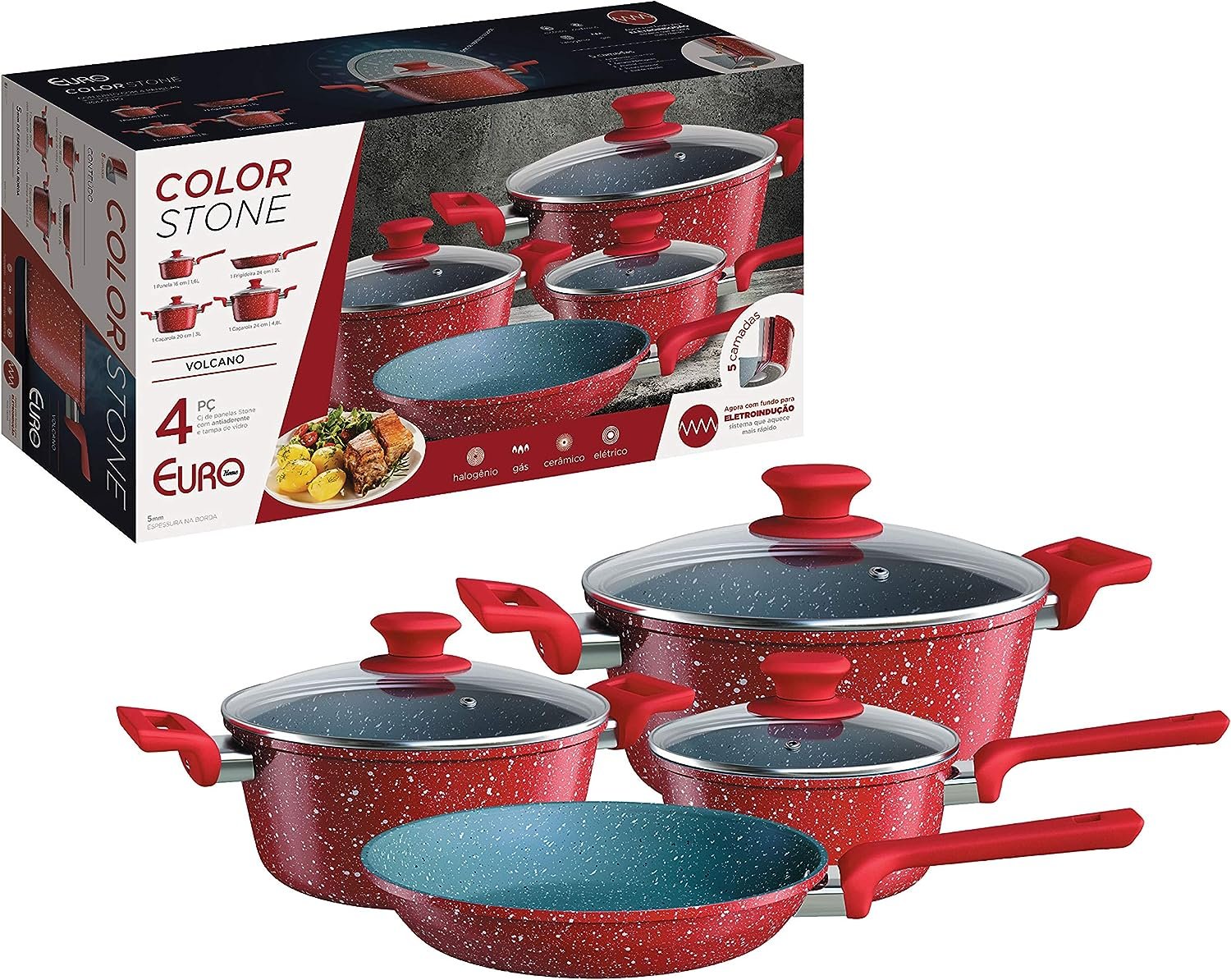 Conjunto de panelas ColorStone 4 peças de alumínio com antiaderente e tampa de vidro, Volcano, ALU8709-VO, Euro Home!!