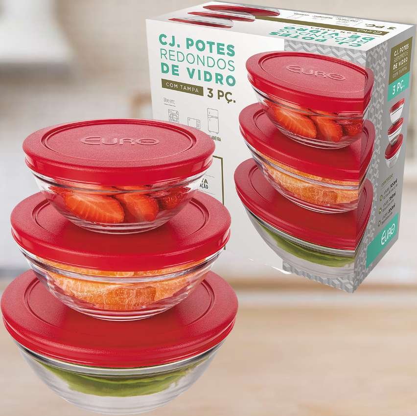 Conjunto com 3 Potes de Vidro Redondos com Tampa Plástica vermelha, VDR7093-VM, Euro Home