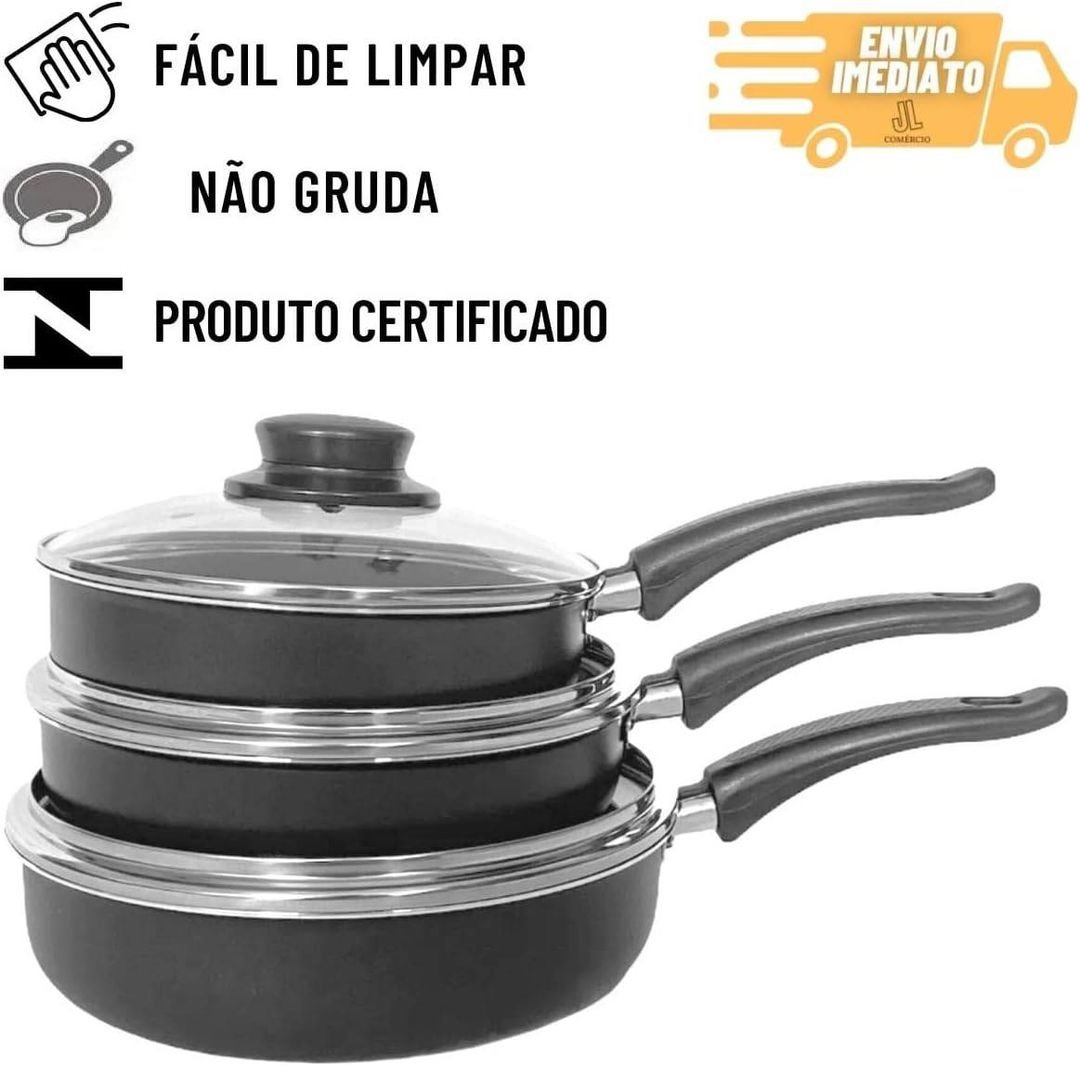 Conjunto Frigideira Antiaderente 3 Peças Com Tampa De Vidro (Preto).