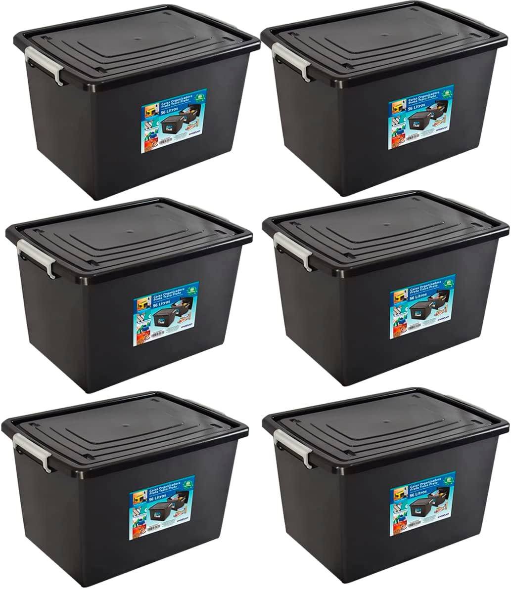 Kit 6 Caixas Organizadoras 56 Litros c/Travas e Tampa Resistente Preta Arqplast!!