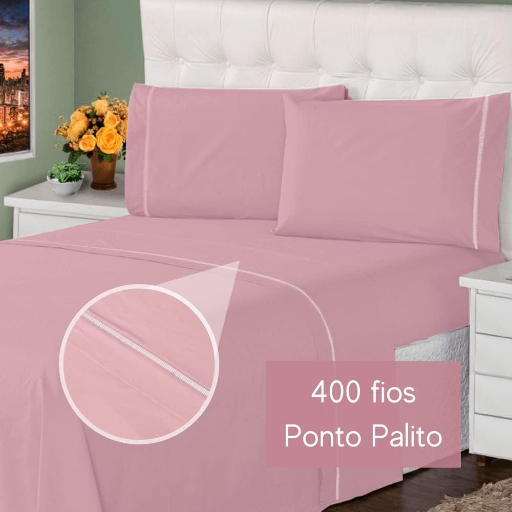 Jogo Lençol 400 Fios Queen Casal Ponto Palito 4Pcs Casa Dona (Casal, Rose).