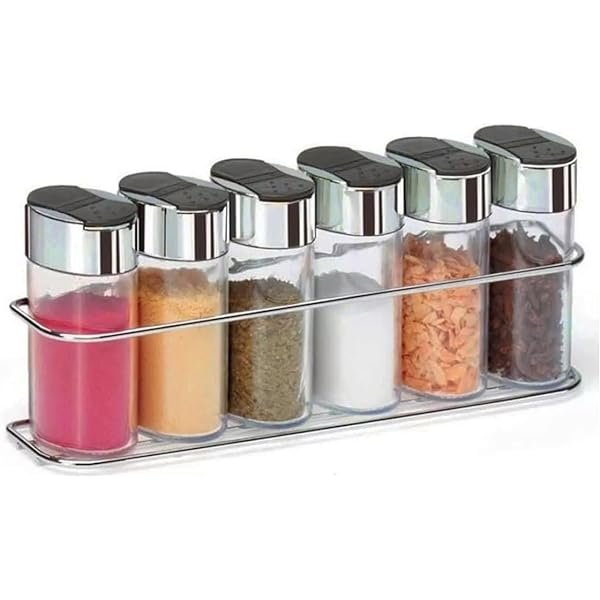 Porta Condimentos E Temperos 6 Peças Com Suporte Horizontal Aramado Em Vidro E Aço Inox Para Orégano, Canela, Açafrão E Outras Especiarias LINHA PREMIUM SYANG