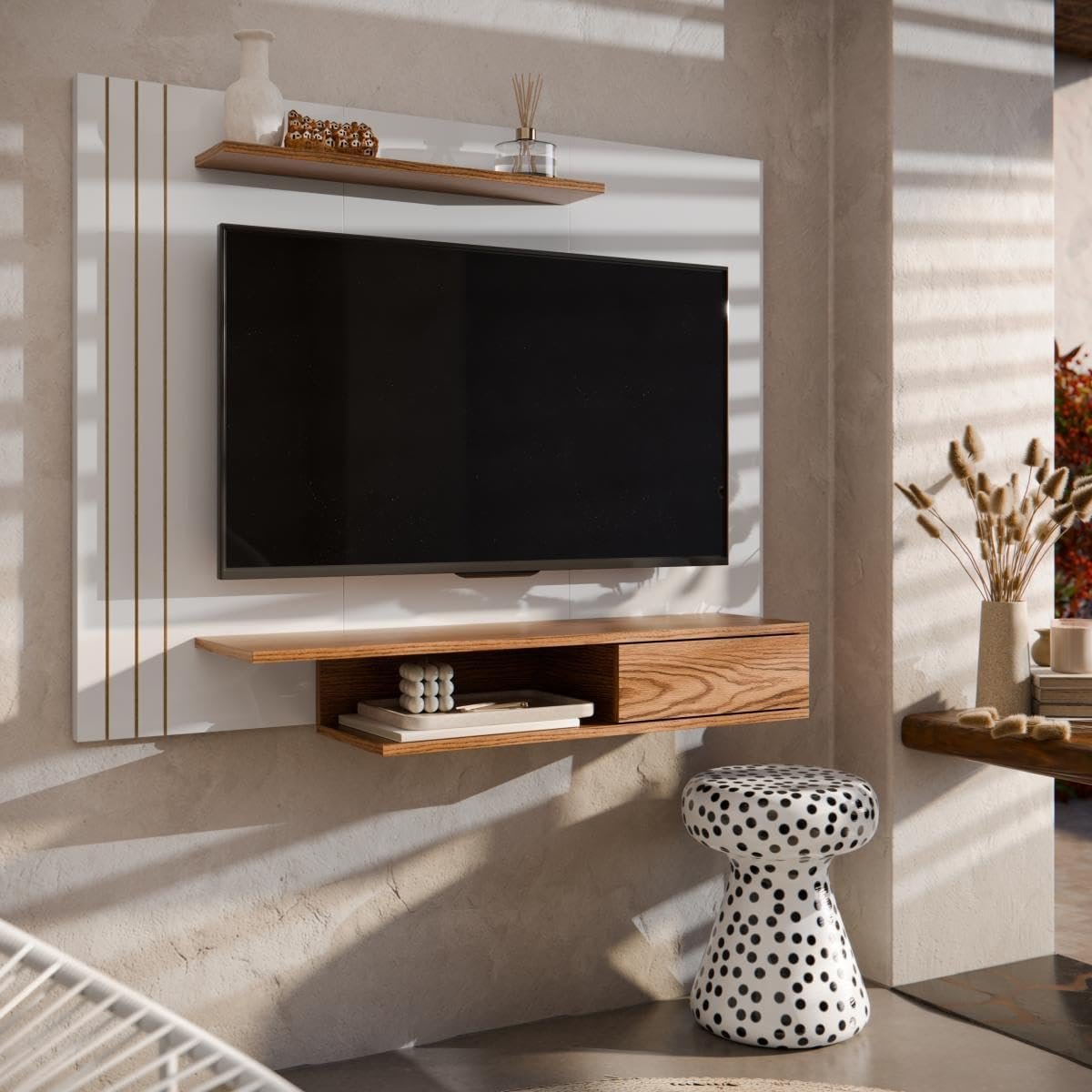 Painel Para TVs de Até 43 Polegadas Otto com Prateleiras – Branco com Cumarú!!