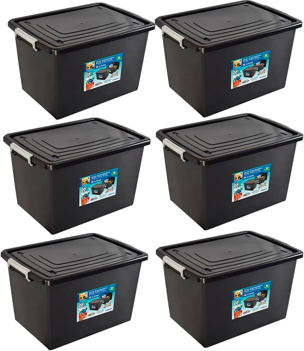 Kit 6 Caixas Organizadoras 56 Litros c/Travas e Tampa Resistente Preta Arqplast!!