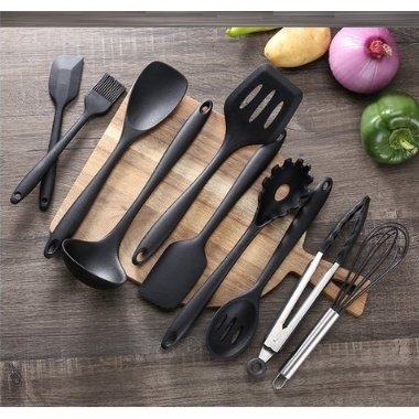 Conjunto Utensílios Para Cozinha Preto Silicone Kit Completo Jogo 10 Peças Para Cozinhar