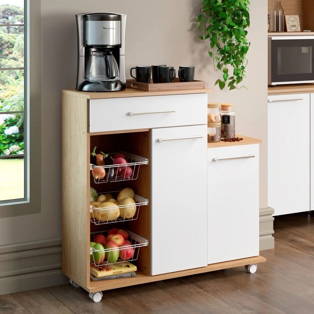 Balcão de Cozinha Fruteira Multiuso Ditália MF-185 Carvalho/Branco.