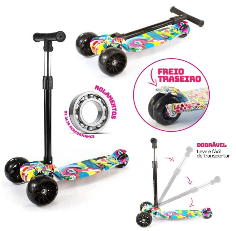 Patinete Infantil 3 Rodas Com Led Dobrável – Mega Compras!!