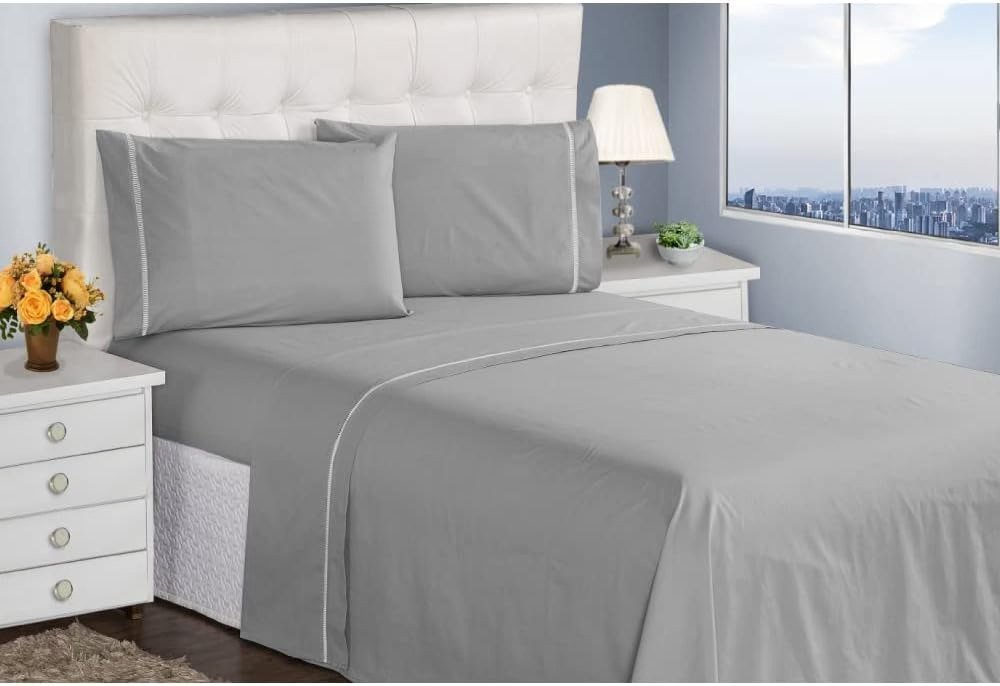 Jogo de Cama Casal Queen King Lençol Fronhas 400 Fios 4 Peças Ponto Palito Casa Dona (Queen, Prata).