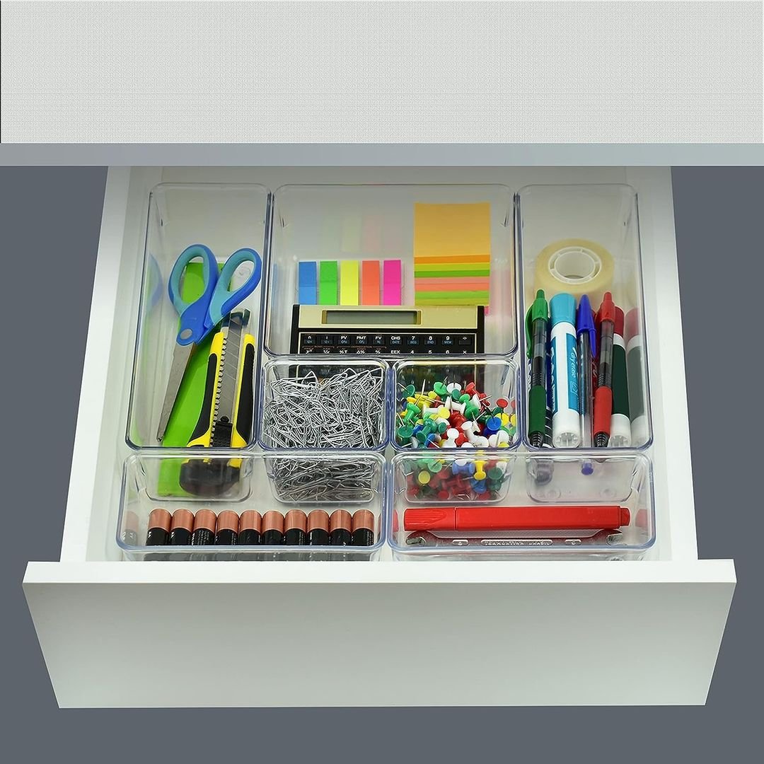 Organizador Modular Acrimet para Gavetas, Bancadas e Armários, Plástico Transparente, Kit com 7 Potes Sortidos!!