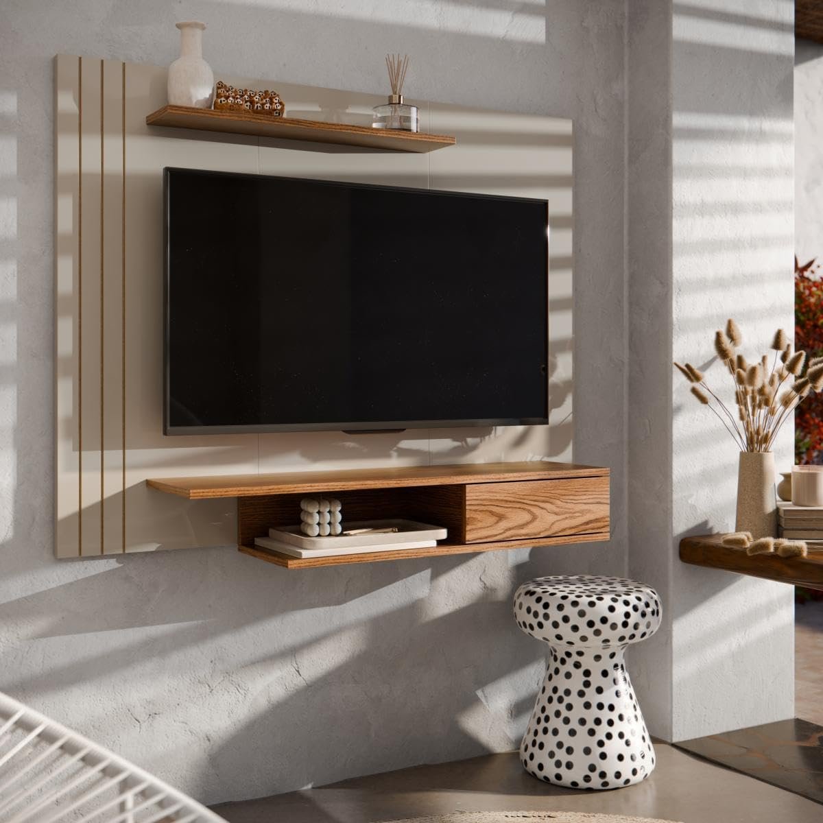 Painel Para TVs de Até 43 Polegadas Otto com Prateleiras – Off White com Cumarú!!