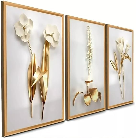 Quadro Decorativo 3 Peças Dourado Floral Branco Ouro Gold Sala Quarto
