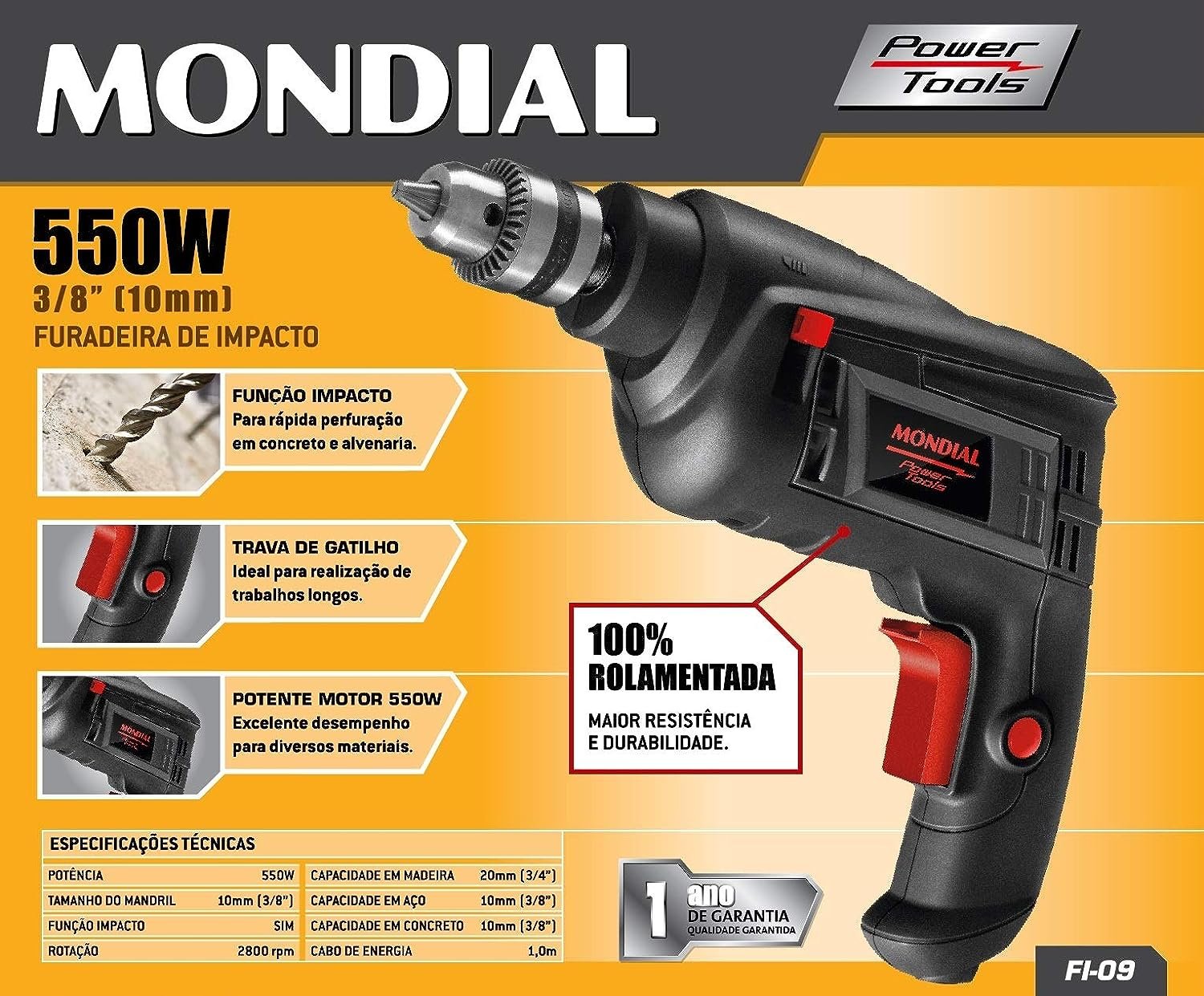 Furadeira de Impacto, Mondial, Preto, 550W, 220V – FI-09!!!