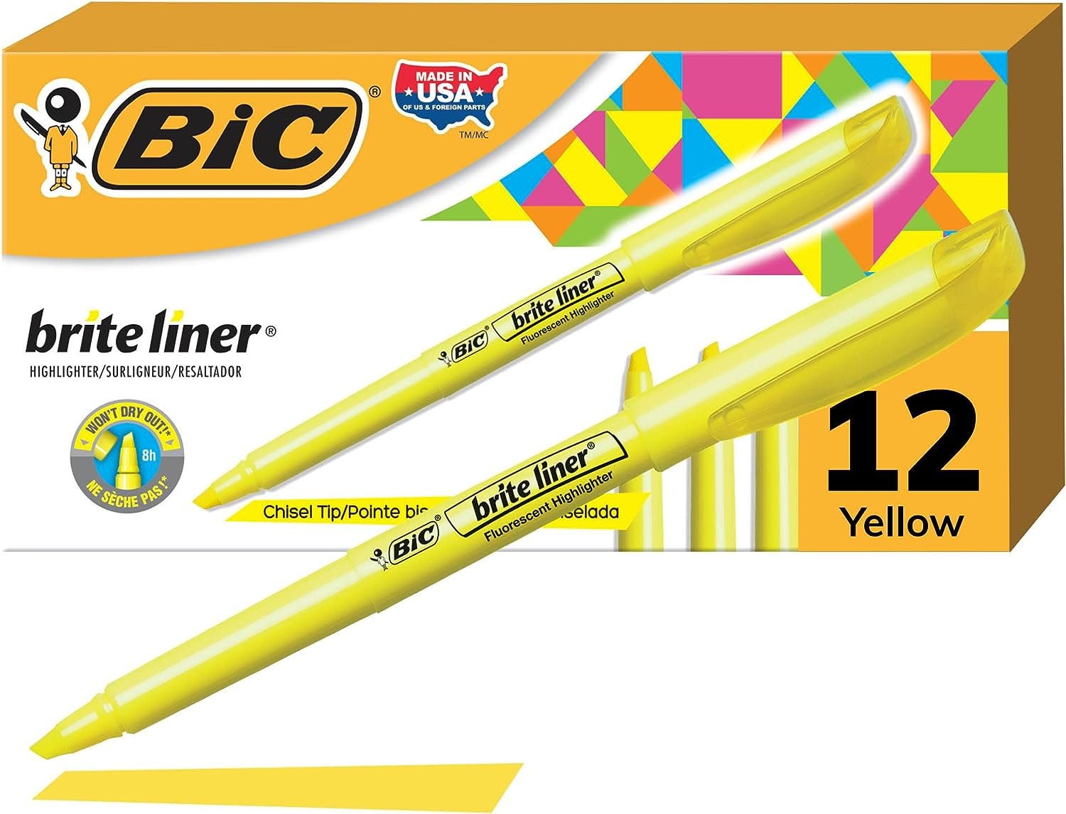 Marcador de Texto Fluorescente BIC Marking, Ponta Chanfrada, 1.5 – 3.5mm, Amarelo, 854815, 12 Unidades
