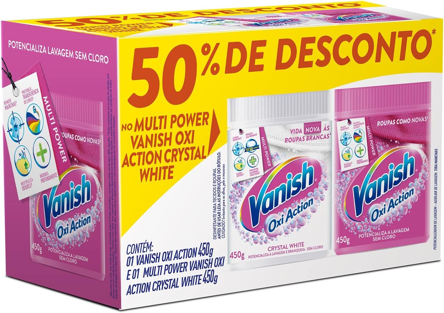 Vanish Kit Tira Manchas Em Pó Oxi Action Com 1 Rosa 450G E 1 Branco 450G