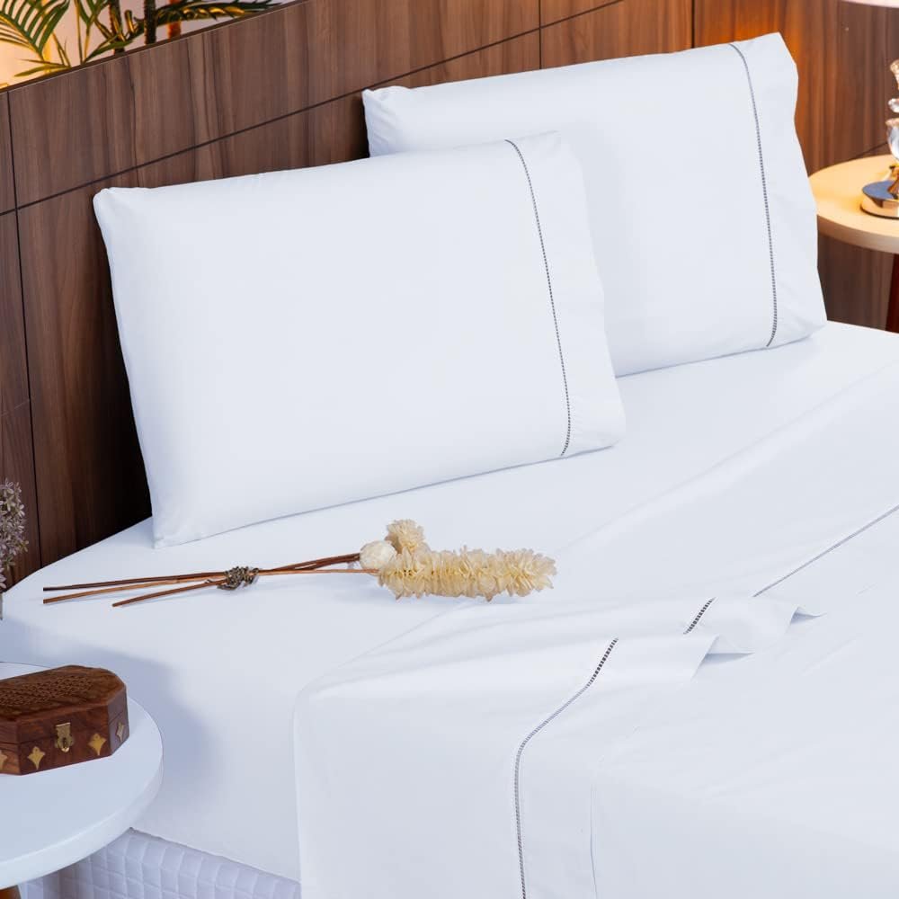 Jogo Lençol Percal 400 Fios Ponto Palito Cama Queen 4 peças (Branco)