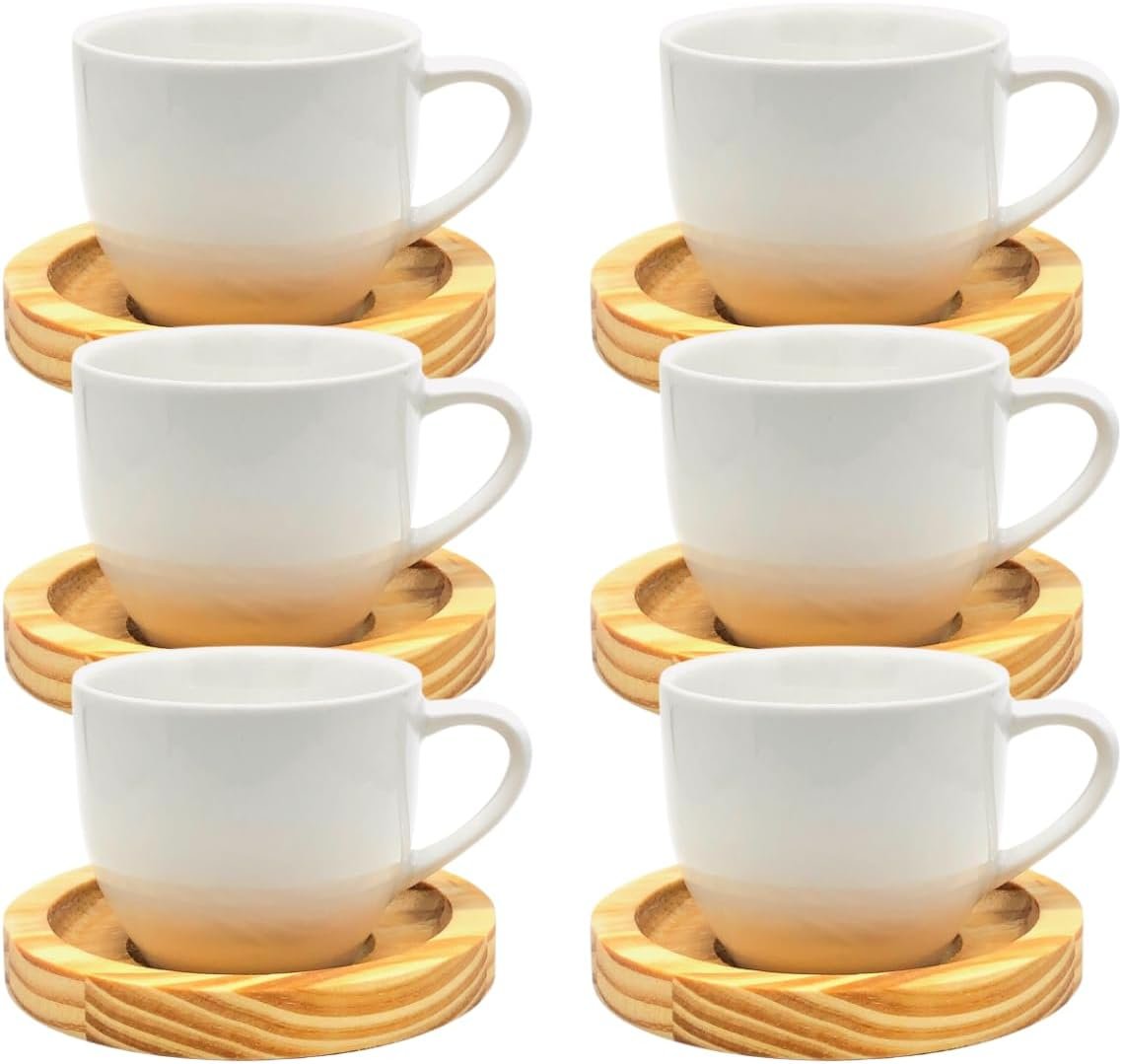 Jogo 6 Xicara Cafe Colorida Porcelana Pires Madeira 95ml – Mundo Da Porcelana (Branca)