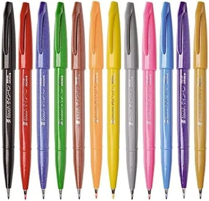 Kit Caneta Pincel Brush Sign Pen Pentel 12 Cores Tradicionais