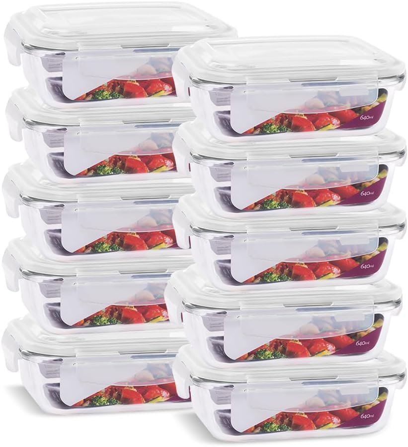 KIT 10 Potes de Vidro Retangular com Tampa Hermética 640ml Cor:Branco (QH)