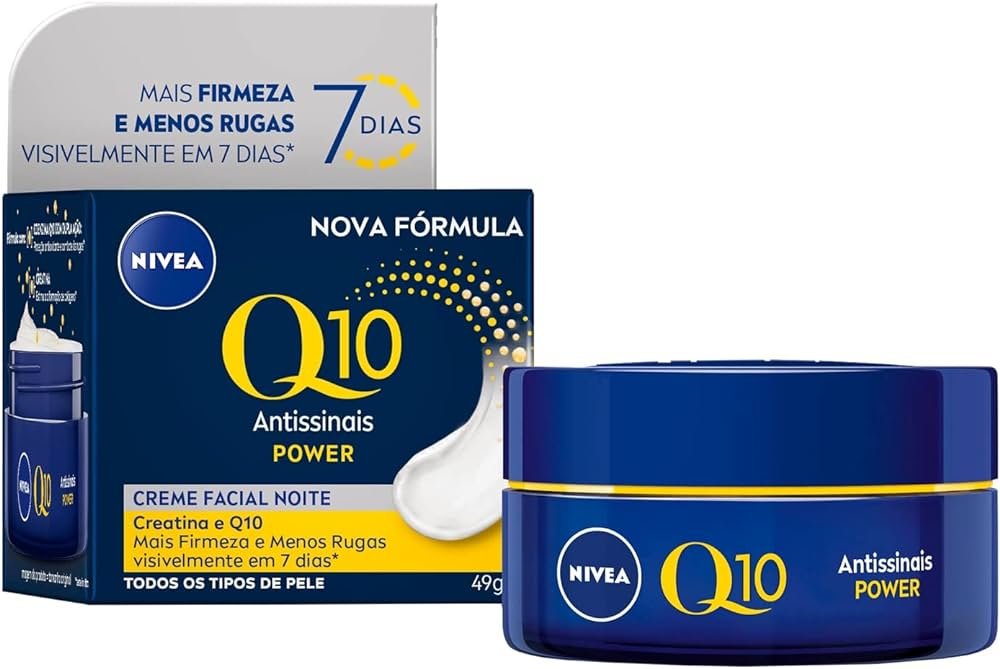 NIVEA Creme Facial Antissinais Noite Q10 Power Plus – Reduz rugas e linhas de expressão, hidrata intensamente e é adequado para peles sensíveis, uso noturno – 50g