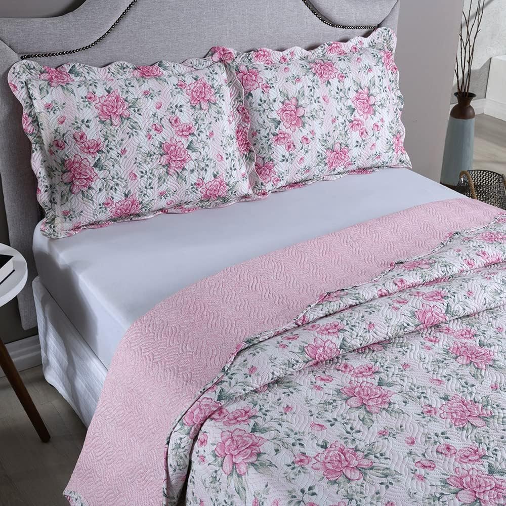Kit Cobre Leito Colcha King 3 Peças Boutis Estampada Dupla Face Porta Travesseiro Aba Americana (Bali Rosa)