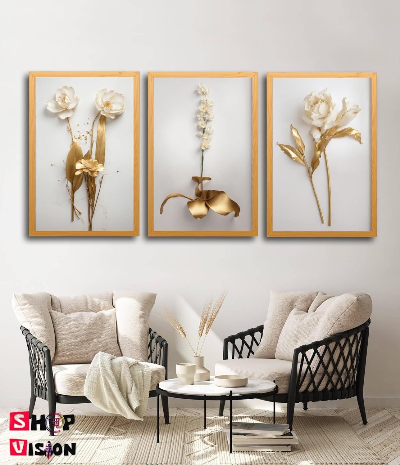 Quadro Decorativo 3 Peças Dourado Floral Branco Ouro Gold Sala Quarto