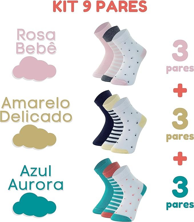 Kit 9 Pares Meias Bebê Recém Nascido Menina Mash Infantil Criança Cano Médio