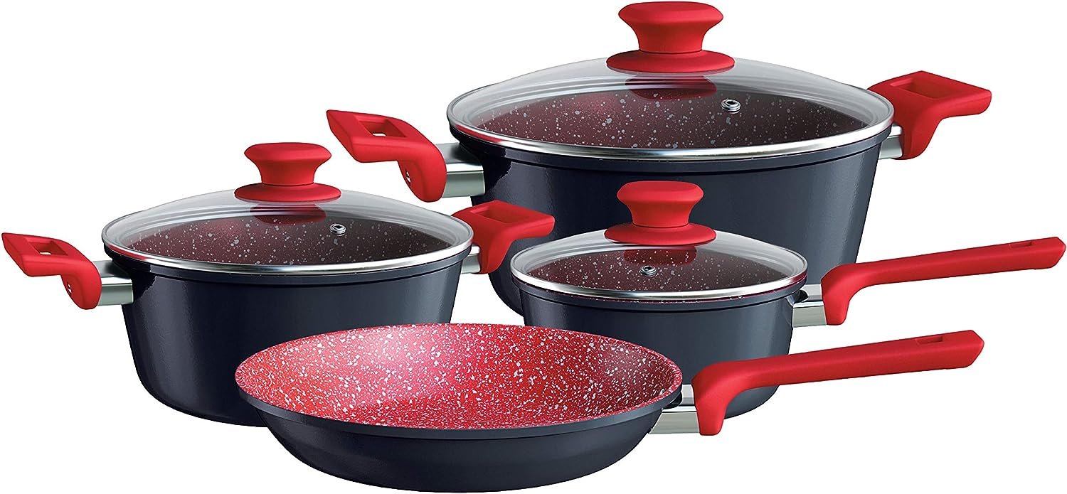 Conjunto de panelas ColorStone 4 peças de alumínio com antiaderente e tampa de vidro, Titânio, ALU8709-TI, Euro Home