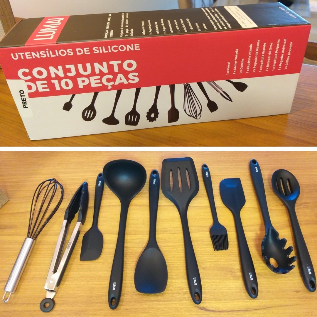 Conjunto Kit Utensílios De Cozinha Silicone Inox – Jogo de Utensilio 10 peças LUMAI (Preto)