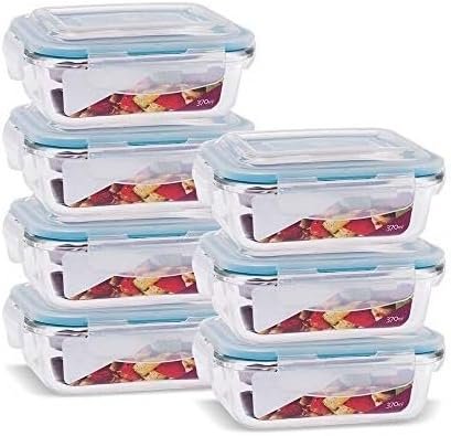 Kit Conjunto 7 Potes de Vidro Hermético com Tampa Plástico Marmita Mantimentos 370ml Cor:Azul (QH)