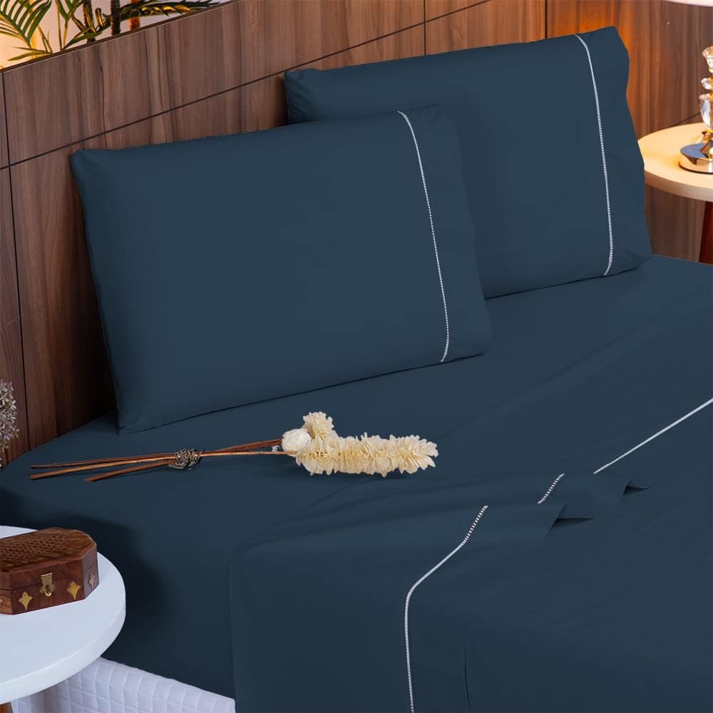 Jogo Lençol Percal 400 Fios Ponto Palito Cama Casal 4 peças (Marinho)