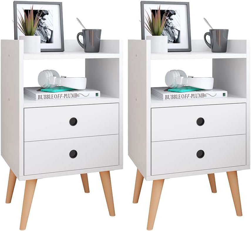 Kit 2 Mesinhas de Cabeceira Retrô Jogo Mesa Canto Lateral Cama Gavetas Nicho Decorativo Aparador Quarto Casal Dream – RPM (BRANCO)