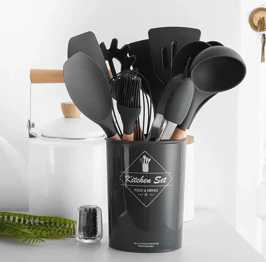 Jogo Utensílios de Cozinha em Silicone Madeira 12 Peças (Preto)