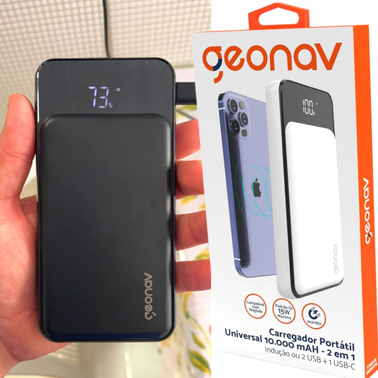 Geonav Power Bank, Carregador Portátil por Indução 10.000 mAh, 2 portas USB com Quick Charge (até 18W) e 1 porta USB-C com Power Delivery de 20W para carregamento rápido, PB10KINDWT, Branco