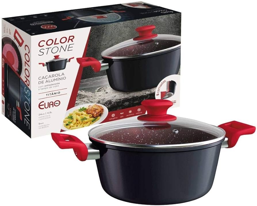 Caçarola 24 cm ColorStone de alumínio com antiaderente e tampa de vidro, Titânio, ALU8655-TI, Euro Home