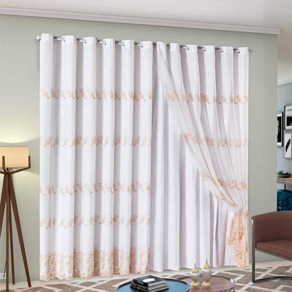 Cortina Sala Quarto Loren 4,00m x 2,50m Voil Bordado c/Forro