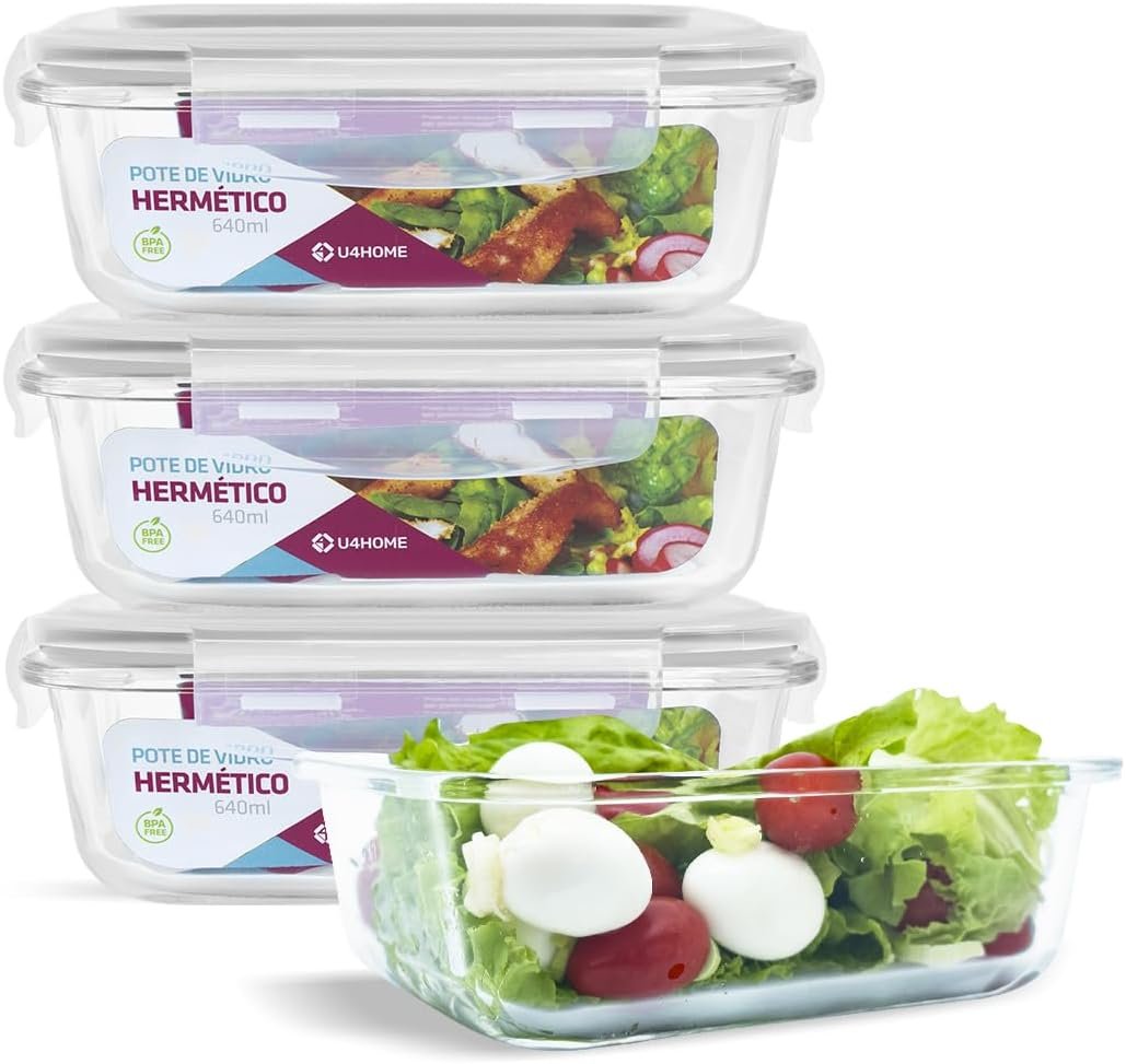 KIT 4 Potes de Vidro Retangular com Tampa Hermética 640ml Cor:Branco (QH)