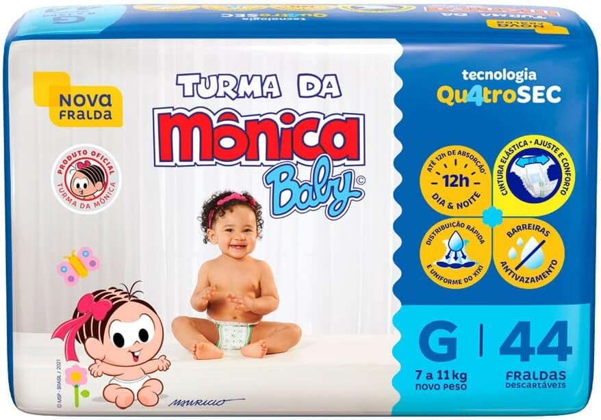 Turma da Mônica Baby – Fralda, Tamanho G (7 a 11 kg), 44 Unidades