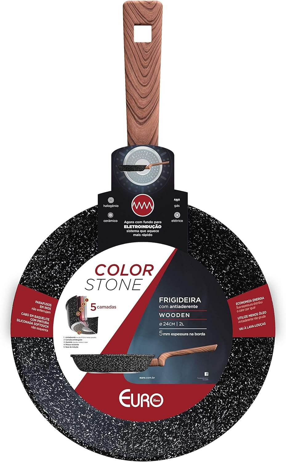Euro Color Stone Frigideira de Alumínio com Antiaderente, Preto (Wooden), 24 cm, 2 L