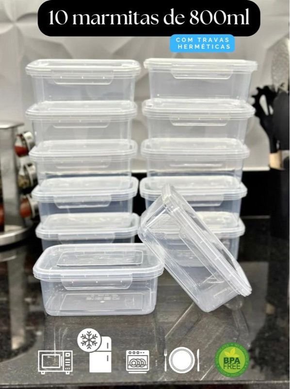 Kit 10 Marmita Potes 800ml com Travas Laterais BPA FREE Alimentos organizadores de congelador