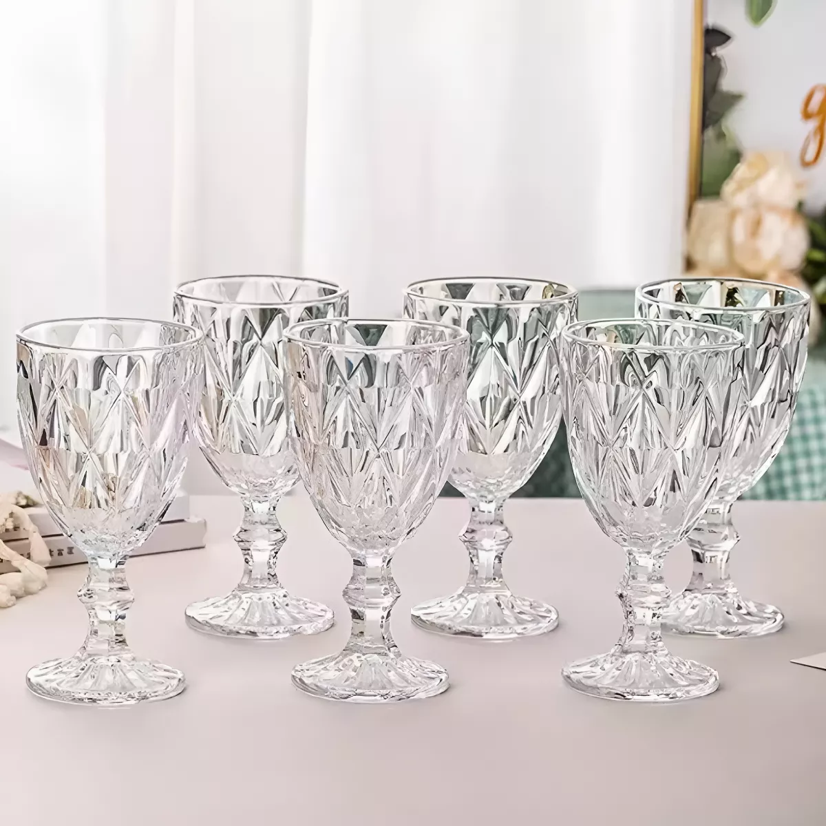 Jogo De Taças Diamante De Vidro 6 Peças 340ml Água Suco