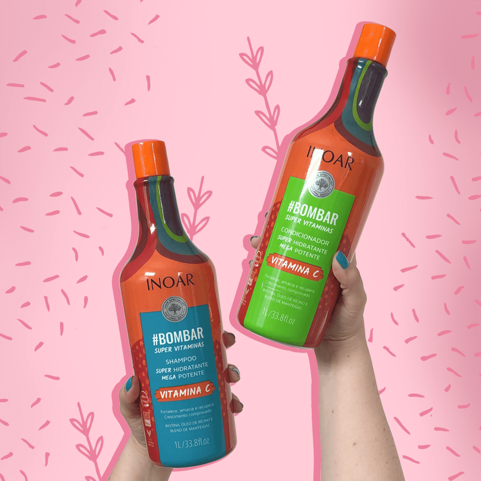 Inoar, Kit #Bombar Super Vitaminas – Shampoo e Condicionador Para Crescimento Acelerado, Fortalecimento Capilar, Redução da Queda e Brilho Intenso, 2x1L