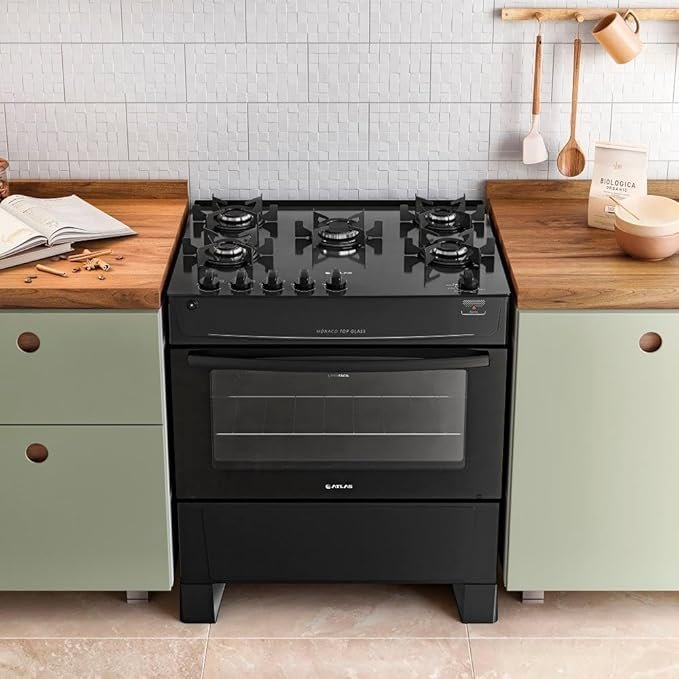 ✅Fogão Atlas 5 Bocas preto Mônaco Top Glass com Acendimento automático – Bivolt😎💕!!