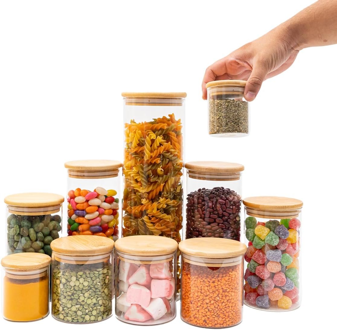 ✅Tud – Kit 10 Potes de Vidro com Tampa de Bambu Herméticos Redondos 😎💕!!