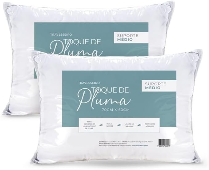 ✅Kit 2 Travesseiros Toque de Pluma 50×70 cm – Percal 180 Fios, Antialérgico, Antiácaro e Lavável | Suporte Médio e Conforto Premium!!😎💕