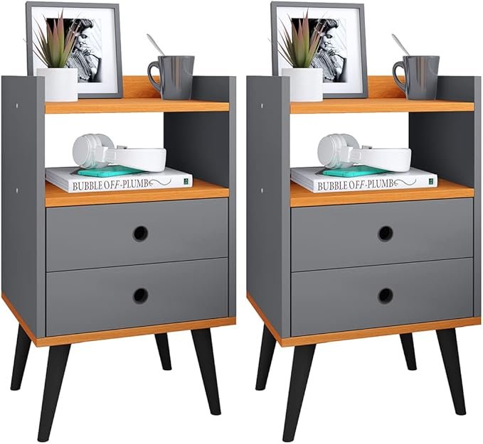 Jogo Quarto Casal Kit Mesa de Cabeceira Retrô com Gaveta Mesinha Canto Moderna Decoração Ambiente – Cinza/Cinamomo- RPM!!😎💕