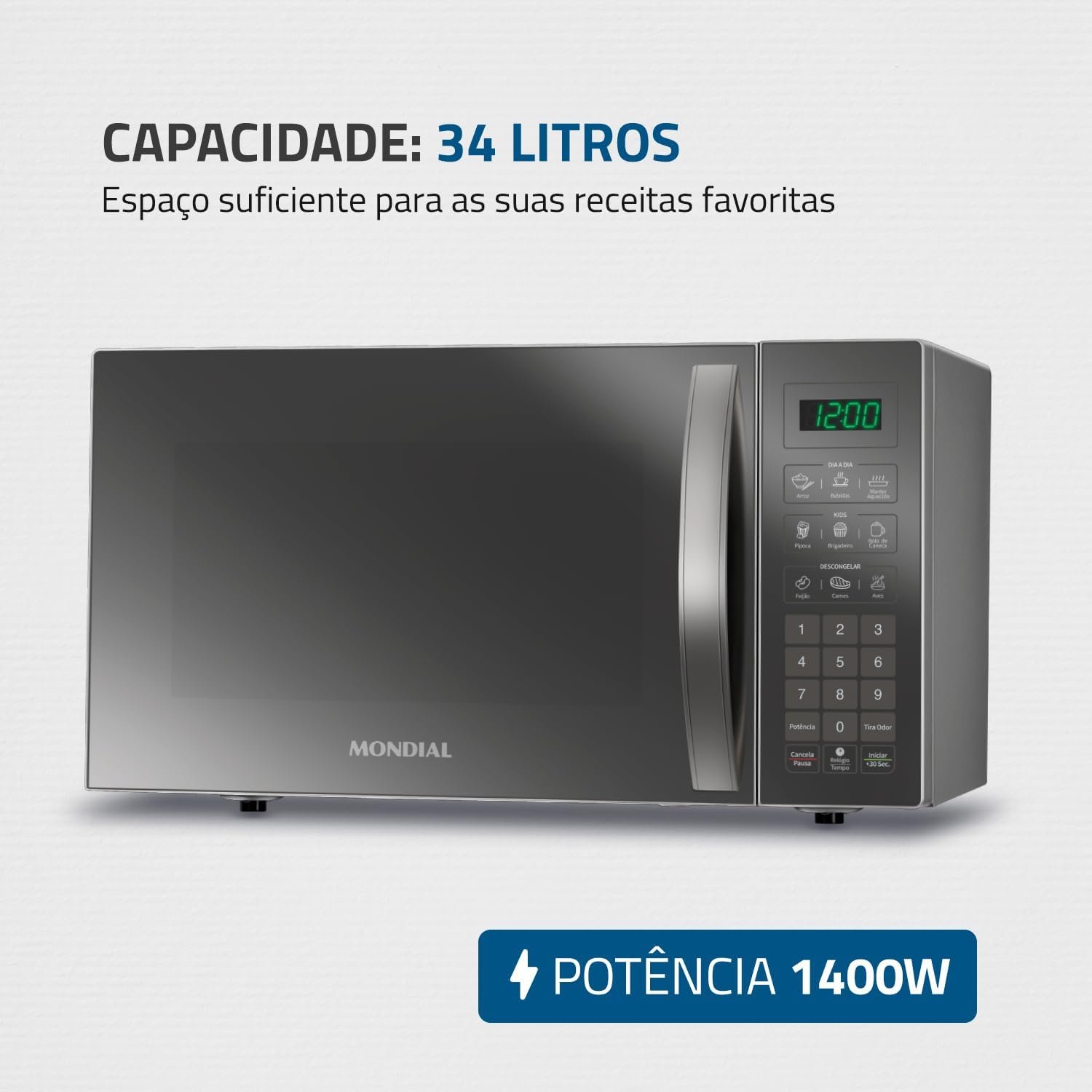 MONDIAL Micro-Ondas, Espelhado, 1400W, 220V – MO-02-34-E!!😎💕